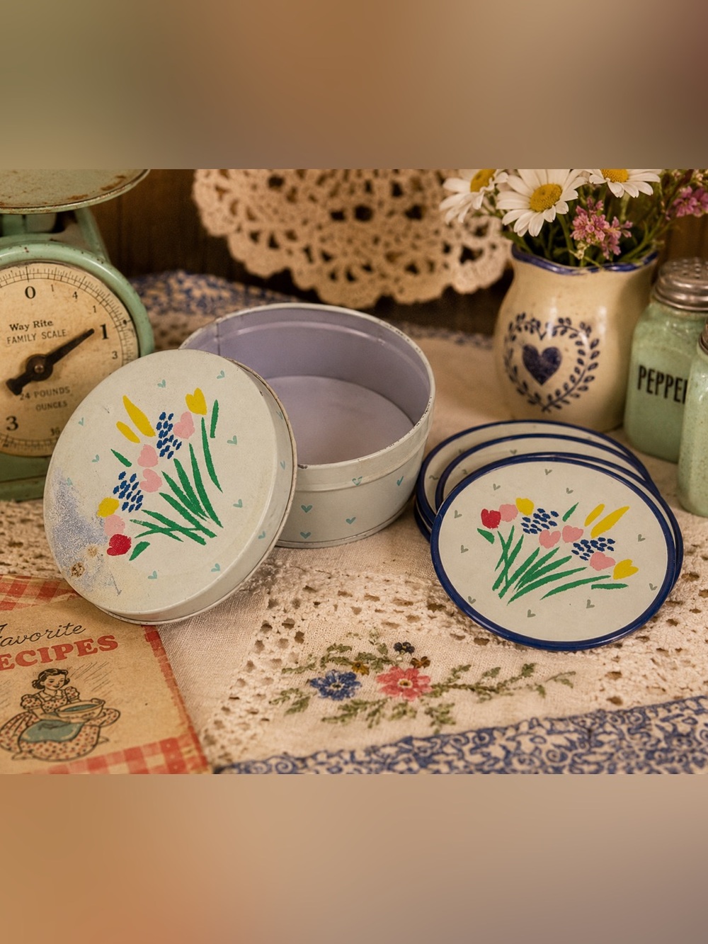 Vintage 1985 Tin Box Company Floral Coaster Set w/ Storage Tin Cottagecore